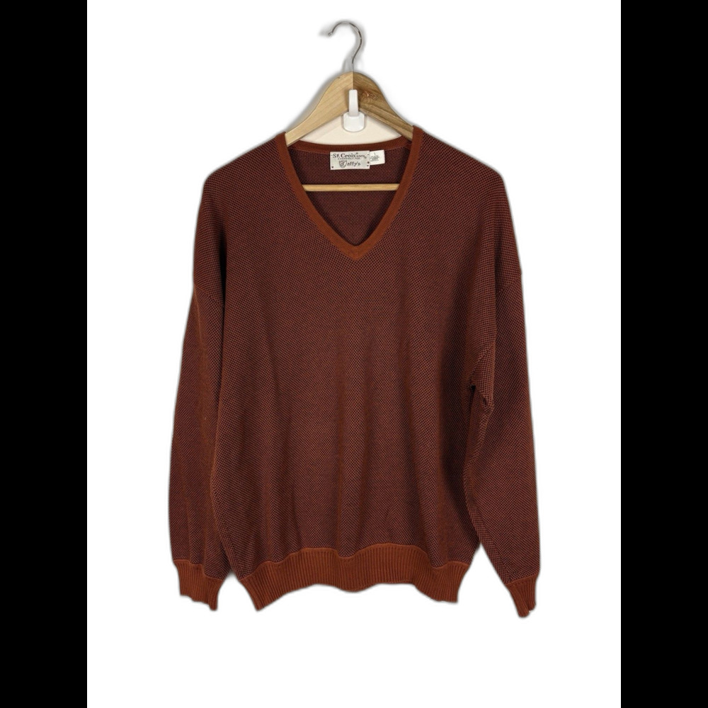 Vintage St. Croix Men V-Neck Knit Pullover Sweater Rust Orange Large Grandpa USA